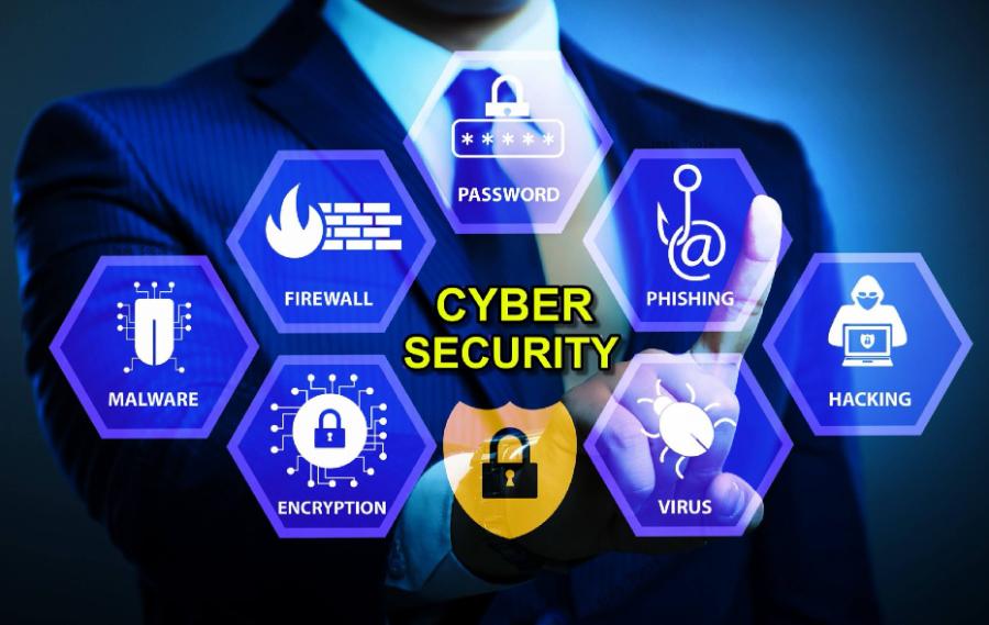 Cyber security concept with icons for firewall, phishing, hacking, malware, and encryption.