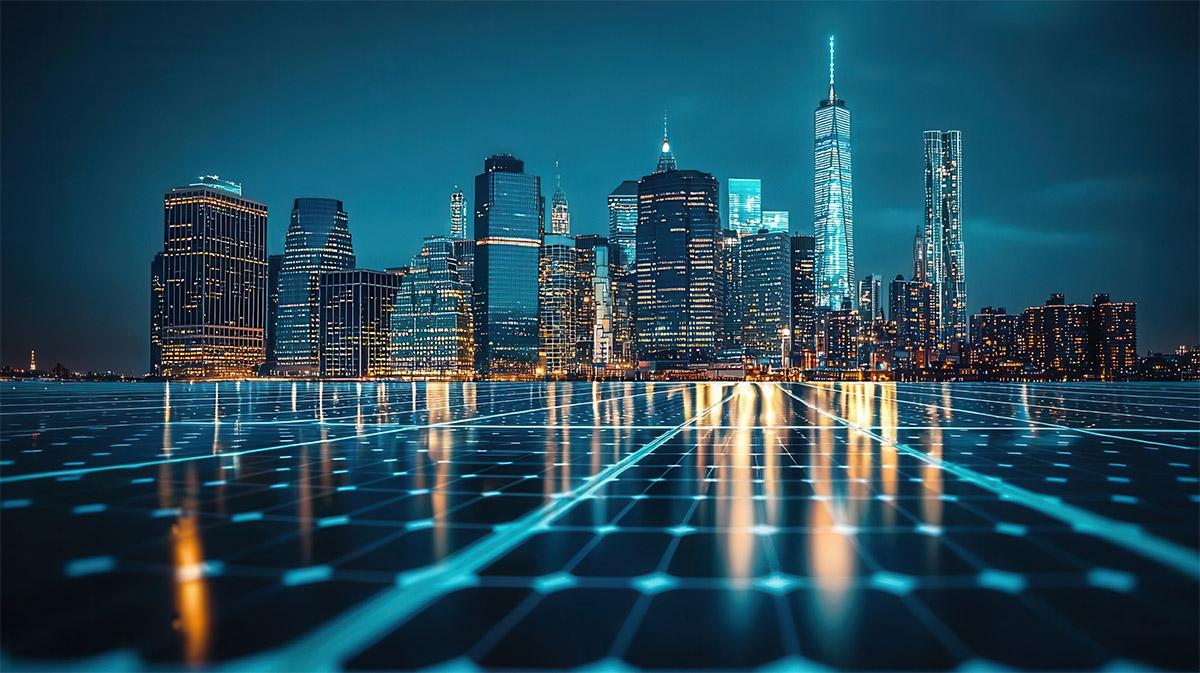 City skyline with digital grid symbolizing forensic financial analysis.