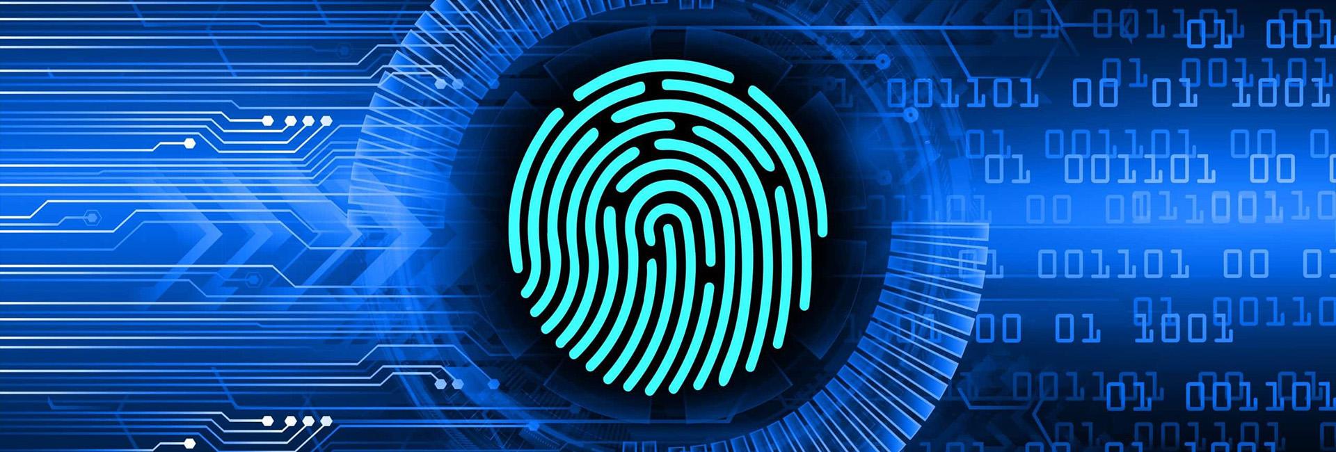 Fingerprint scan with digital circuits and binary code, symbolizing forensic accounting and investigations.