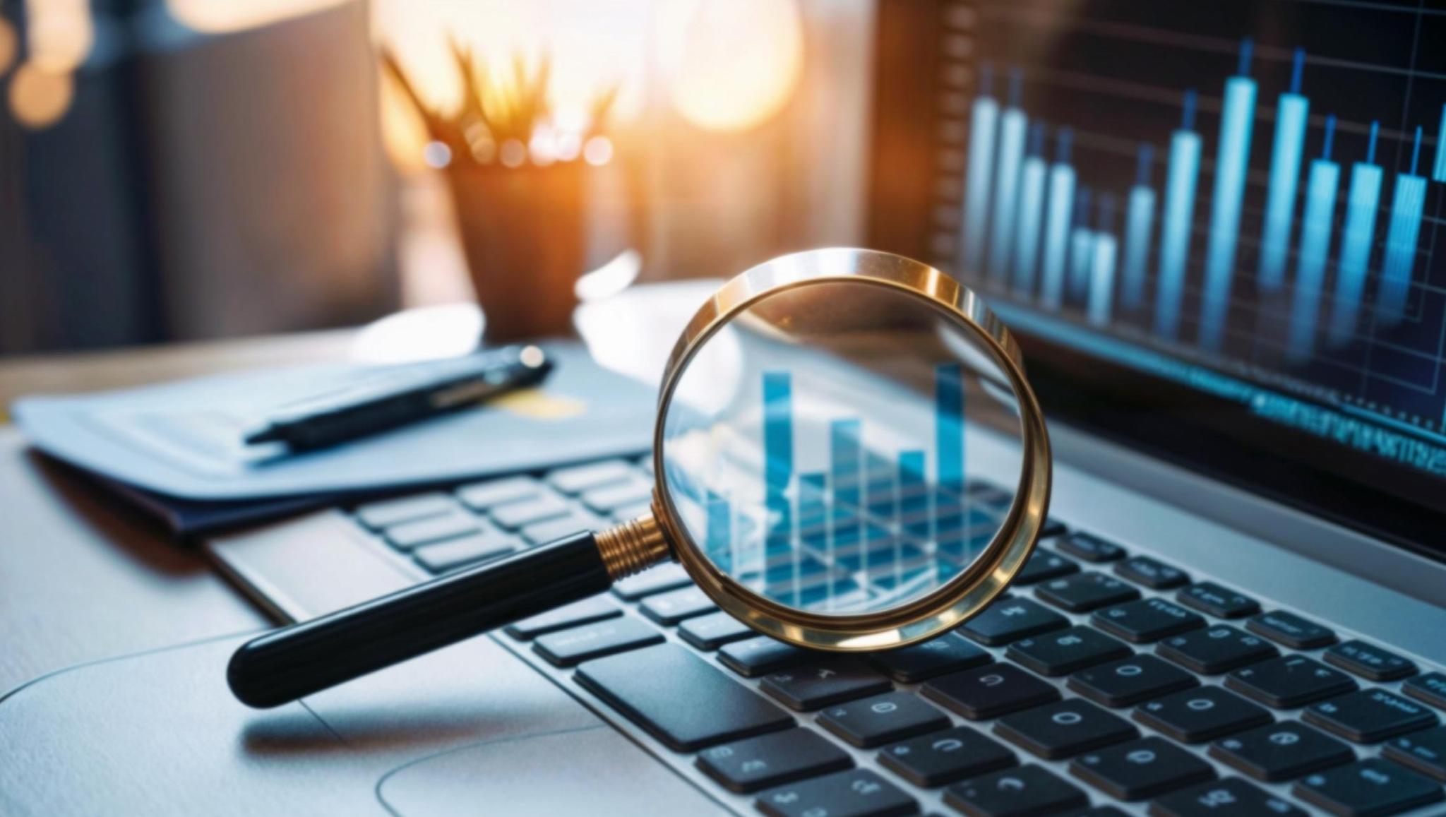 Magnifying glass analyzing bar charts on a laptop keyboard.